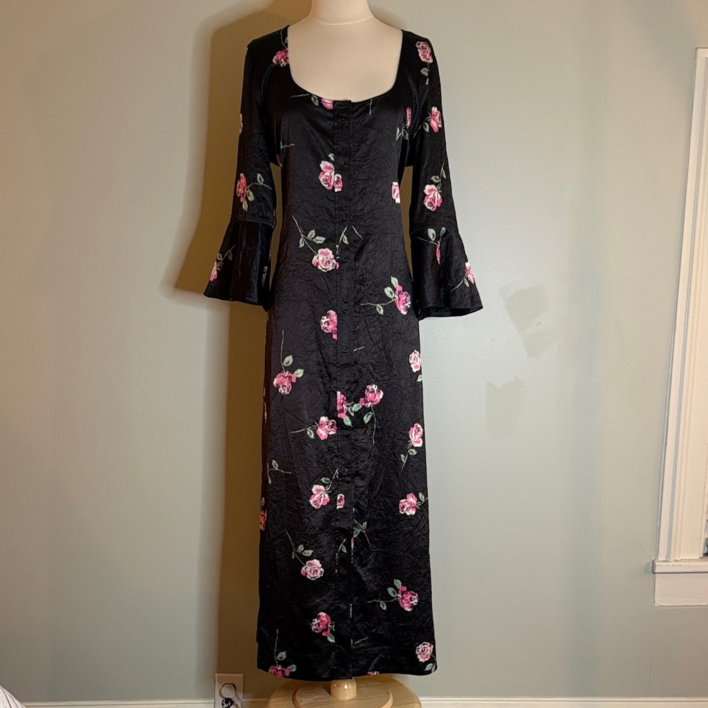 Ganni Black Maxi Dress with Pink Rose Print and Bell Sleeves
